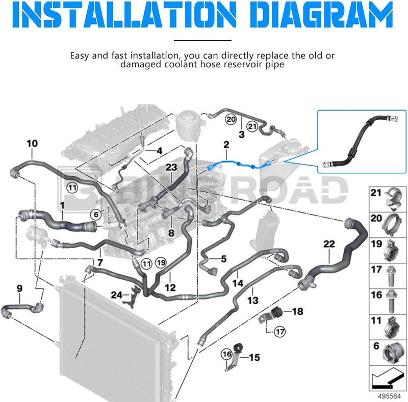 BINB ROAD Upgrade Engine Coolant Reservoir Hose 17128602599 Compatible with BMW G30 G32 G12 530i 640iX 740i - Image 2